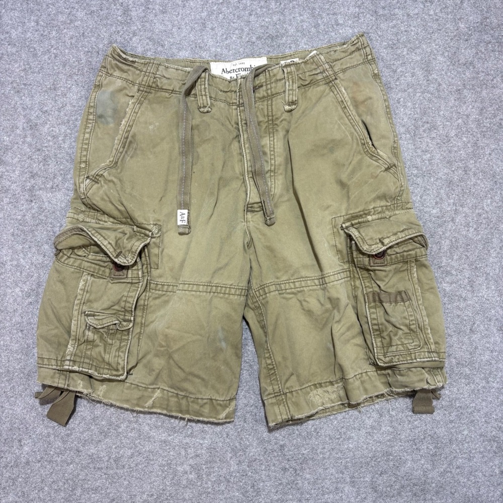 Abercrombie & Fitch Mens Cargo Shorts 32 Olive Green Distressed Cotton 0048